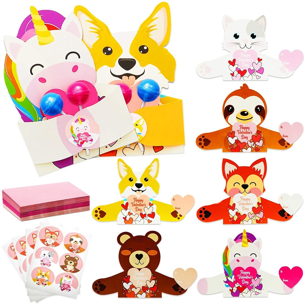 Animal Valentine Gram Cards for Kids, Candy Holder for Classroom Exchange (36 Pack)